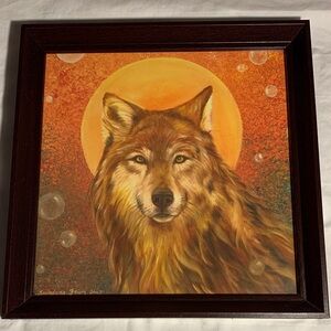 Framed Wolf Painting with Orange Background